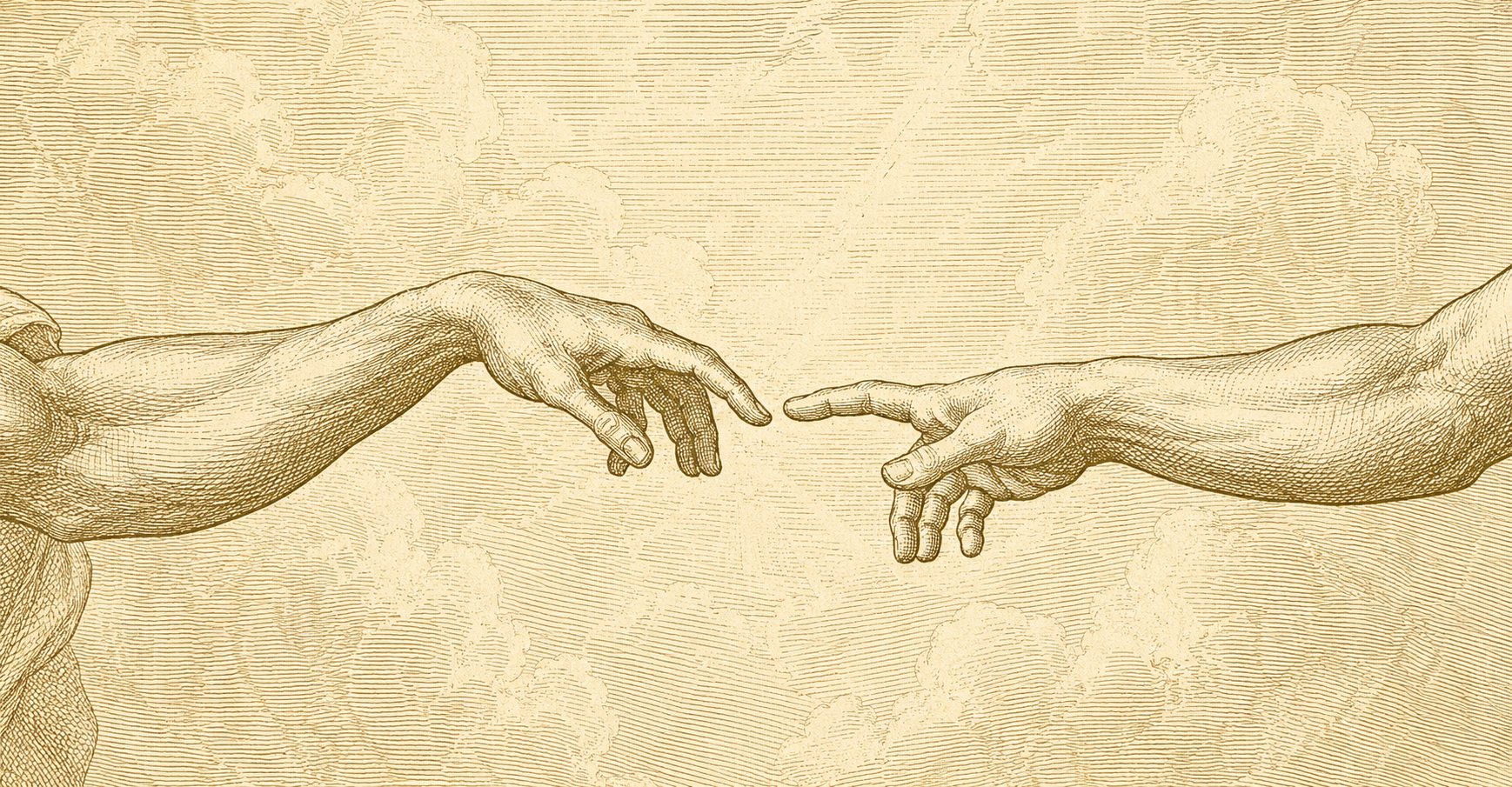 Golden engraved illustration of two hands reaching toward each other across parchment clouds